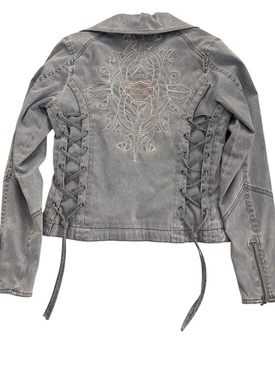 Harley Davidson Jackets & Blazers - Harley Davidson Embroidered Gray Blue Denim Jacket Riding Tie Up Zippers XS NWOT